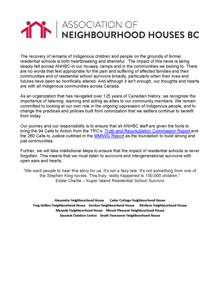 ANHBC Statement on Residential School Recoveries