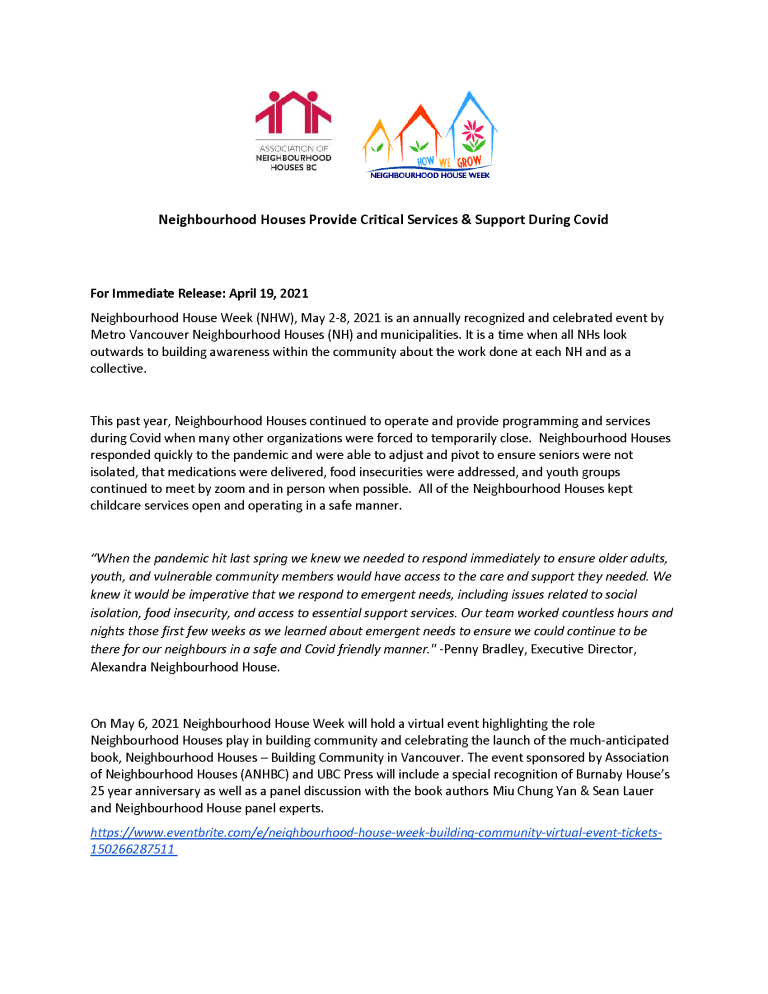 ANHBC Celebrates Neighbourhood House Week May 2-8, 2021